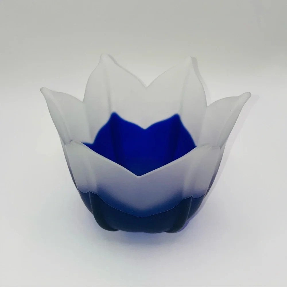 Partylite Cobalt Blue White Frosted Glass Lotus Flower Candle Holder Bowl 4.5” - Picture 4 of 11